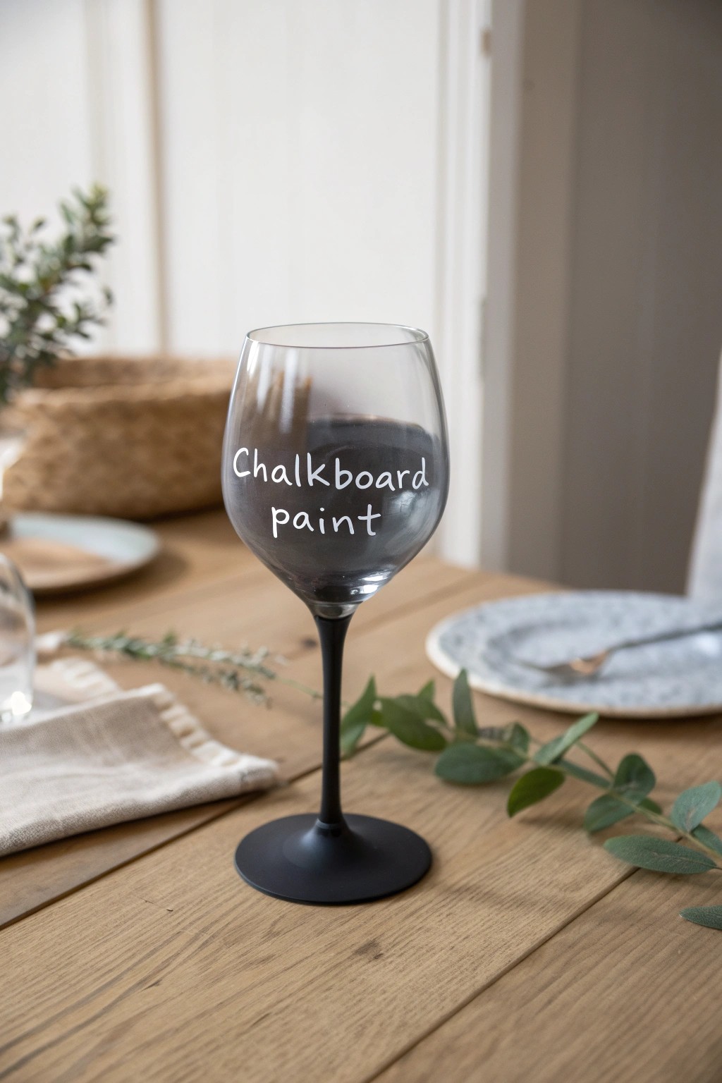 Personalize your glass in style—chalkboard base wine glass for creative gatherings.